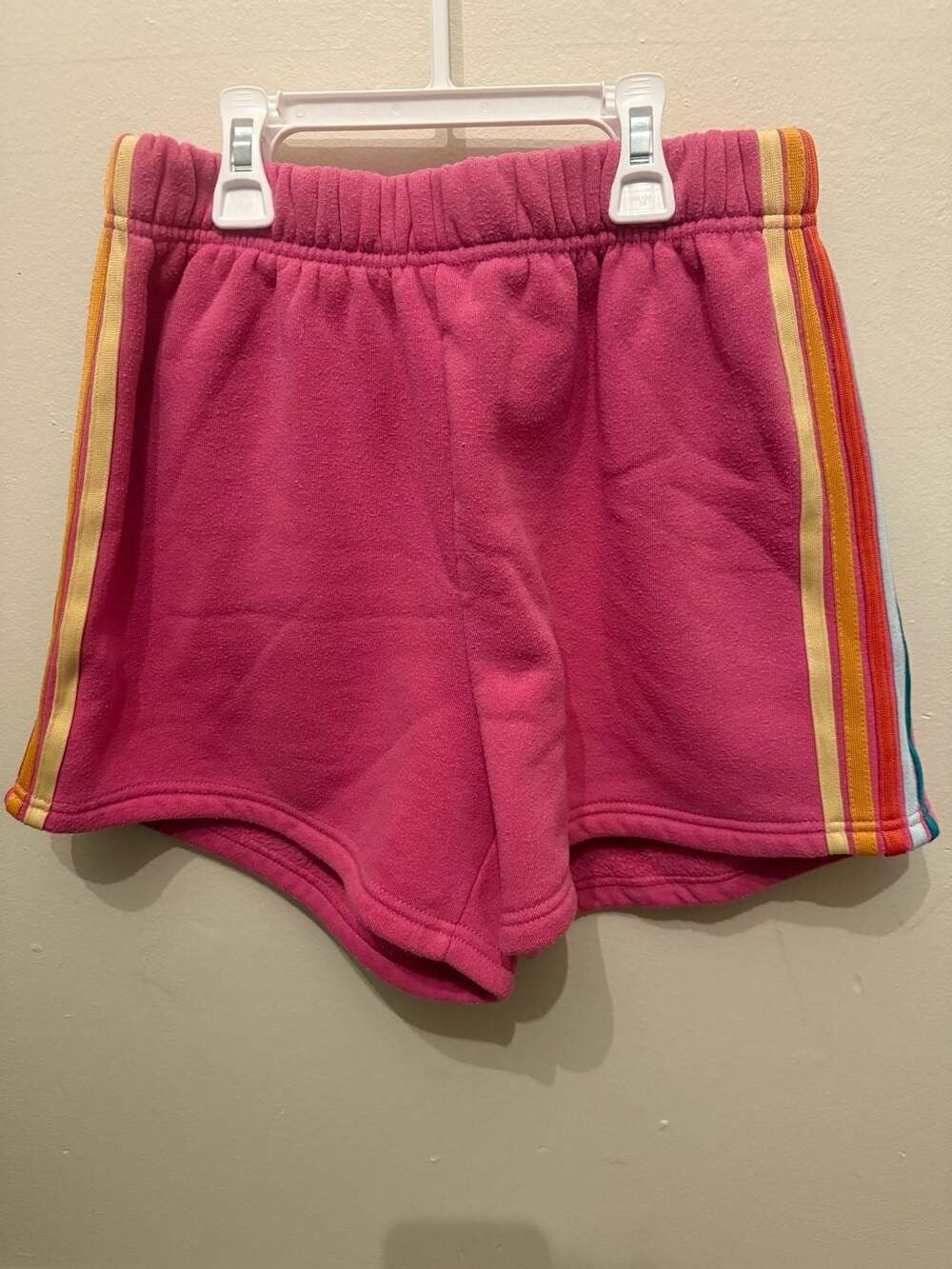 TCEC Women's Pink Fleece Lounge Shorts with Rainbow Side Stripes
